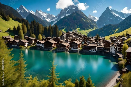 Explore the majesty of the Swiss Alps, towering snow-capped peaks against a clear blue sky, a picturesque mountain village nestled in the valley