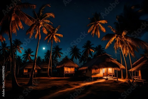 Explore the nocturnal beauty of South India, a rural landscape under the soft glow of the moon, palm trees silhouetted against the night sky © usama