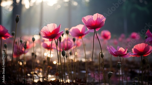 Serene Dawn Light Bathes Pink Lotus Pond in a Mesmerizing Dance of Elegance photo