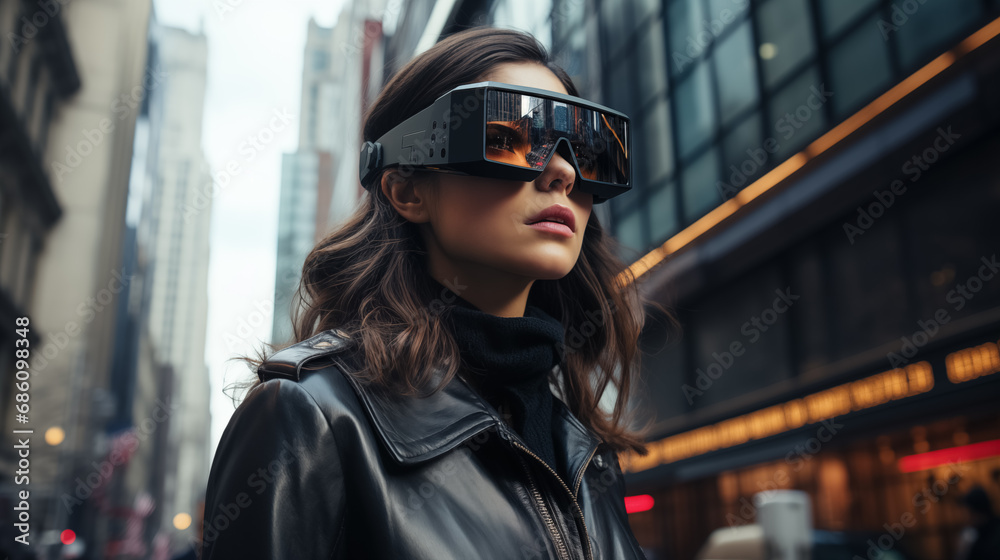 Stylish young woman with a sleek AR visor. Stylish young woman with a sleek AR visor.