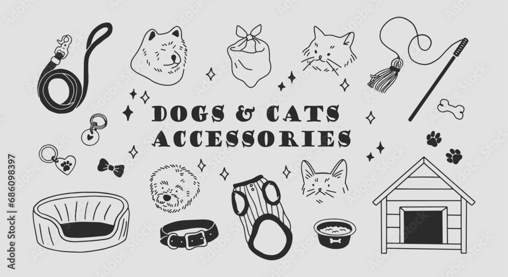 Various pet accessories set. Vector hand drawn linear illustration. All elements are isolated.
