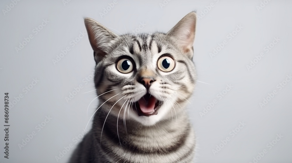 Surprised Cat with Big Eyes Isolated on the Minimalist Background
