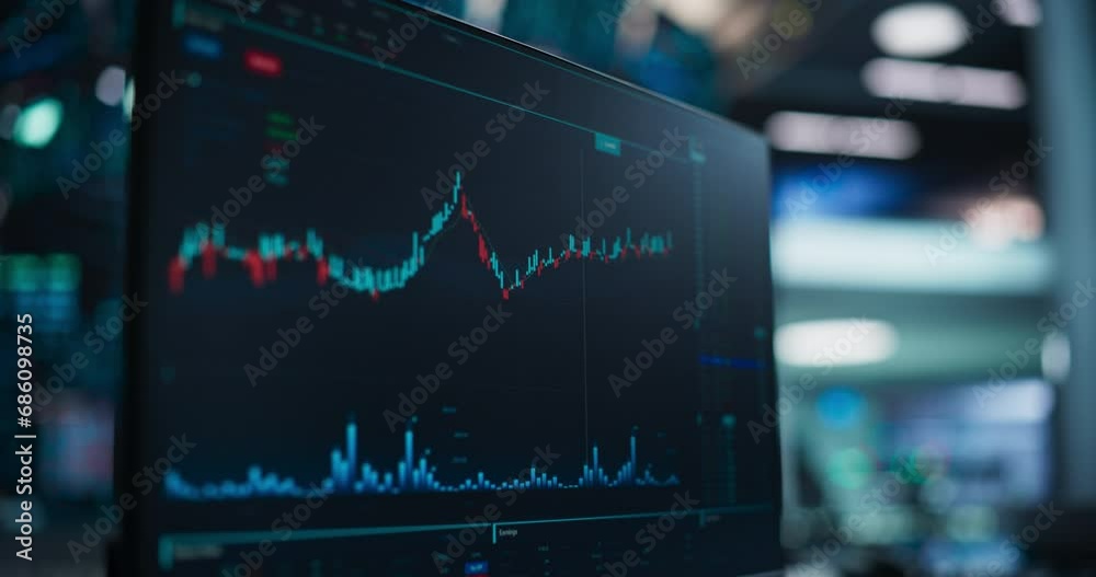 Close Up Footage of a Computer Monitor Screen with Generic Stocks Market Data, Commodities and Securities Exchange Market Charts and Tickers on a Display in a Financial Business Office