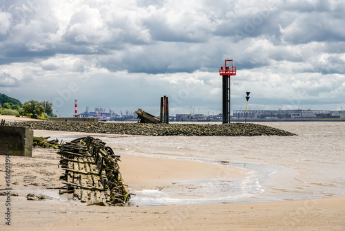 View of the Falkensteiner Ufer and the Polstjernan shipwreck. Historical sight on the Elbe near Hamburg. photo