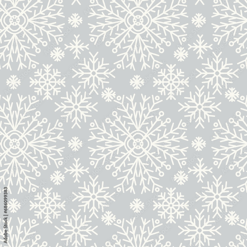 Seamless abstract pattern with snowflakes. Grey, white. Christmas, New Year. Ornament. Designs for textile fabrics, wrapping paper, background, wallpaper, cover.
