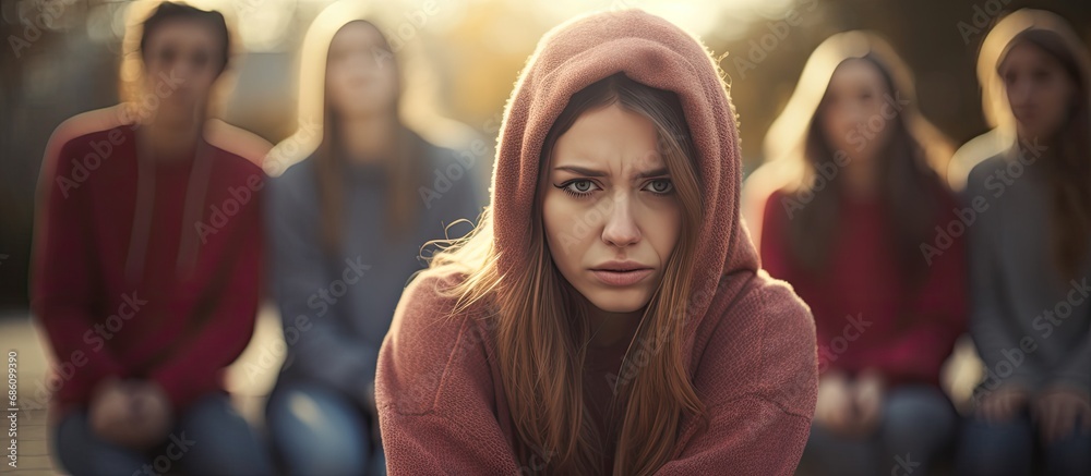 Teenage girl in hoodie participating in diverse group therapy session.