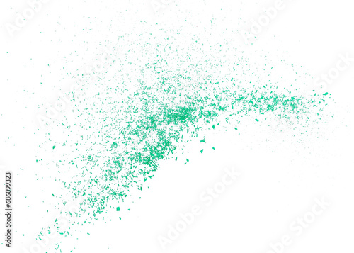 Green chalk pieces and powder flying, isolated on white, clipping path