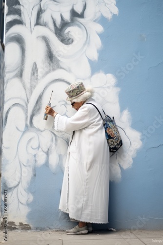 Unidentified artist painting graffiti on the wall.