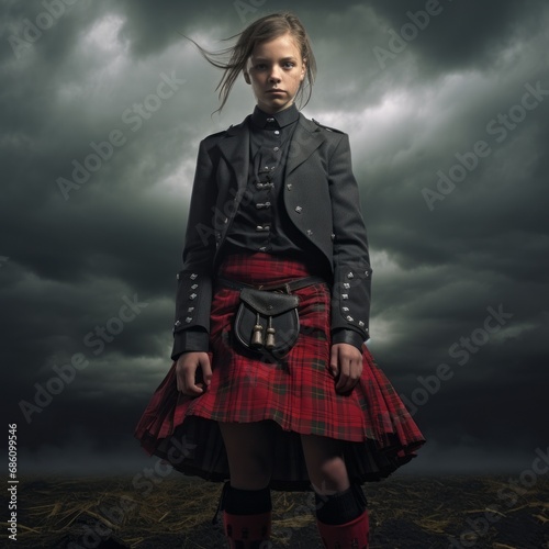 Beautiful young woman in a plaid tartan dress posing in front of a stormy sky.
