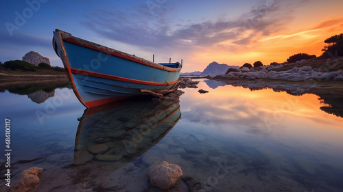 A beautiful sunrise in the bay with a lonely old wooden boat. A view of a fishing boat sits on a calm bay with majestic clouds in the sky. Sunrise light.