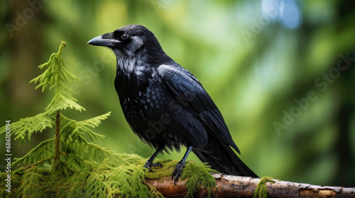 Raven in dark green forest. Young common raven, Corvus corax, also known as northern raven. Black bird looking for food in rotten stump. Feeding behaviour scene from nature.