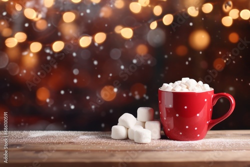 A cup of hot chocolate with marshmallows on a wooden table outside, Christmas bokeh.