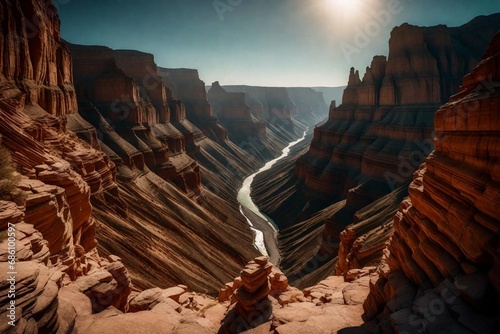A rugged canyon with layered rock formations, sculpted by the forces of nature over time.   © AI ARTS