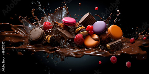 Chocolate creative splash backgrounds. chocolate ball creative design, Chocolates dropping into liquid cacao chocolate, Drop of chocolate and splash chocolate backgroundgenerative ai


 photo