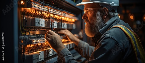 The man is repairing the switchboard voltage photo