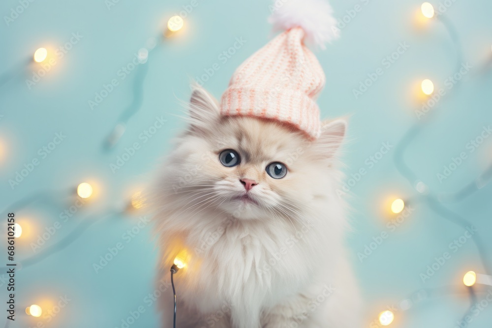 An adorable long-haired cat wearing a pastel pink beanie hat, amidst a background of soft fairy lights