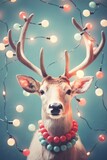 A digitally rendered reindeer with antlers, wearing a necklace of multi-colored fairy lights