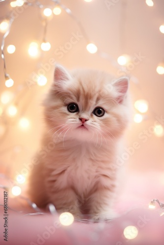 Fluffy ginger kitten looks on with a playful expression, surrounded by warm holiday string lights