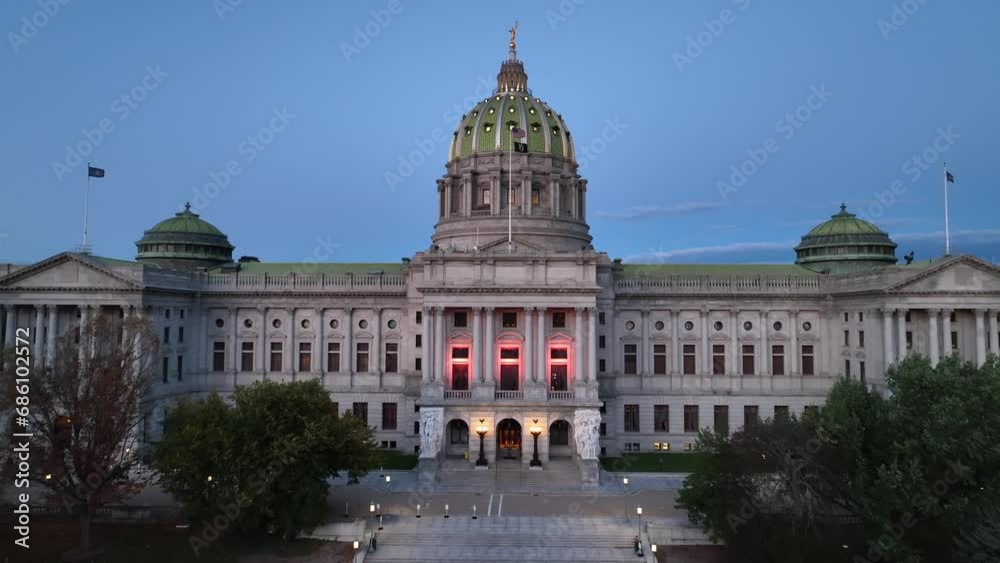 Pennsylvania Capitol Building in downtown Harrisburg, Pennsylvania. Aerial establisher rising over dome. Pennsylvania Capitol Building in downtown Harrisburg, Pennsylvania. Aerial establisher rising over dome.