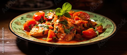Tomato and pepper fish stew served on a plate.