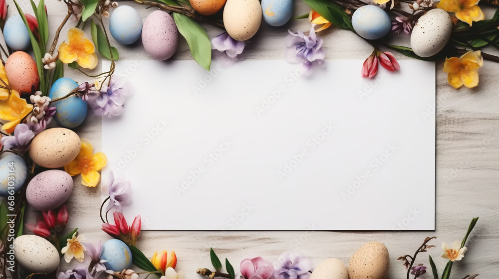 Top view of Easter pastel eggs and a blank white sheet of paper. Easter holiday card Top view of Easter pastel eggs and a blank white sheet of paper. Easter holiday card