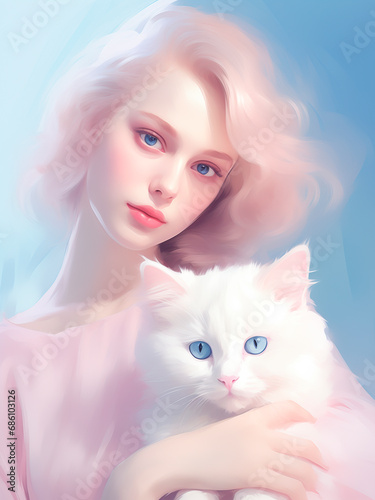 Soft pastel color, a beautiful white cat with blue eyes with its owner, in fashion illustration style, light pink and blue