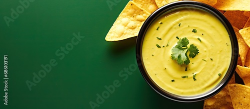Yellow queso dip with tortilla chips and lime, homemade. photo