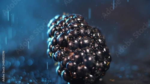Extreme close up of one fresh ripe blackberry rotating  on black plate on blue background with drops of water falling slow notion 200 fps