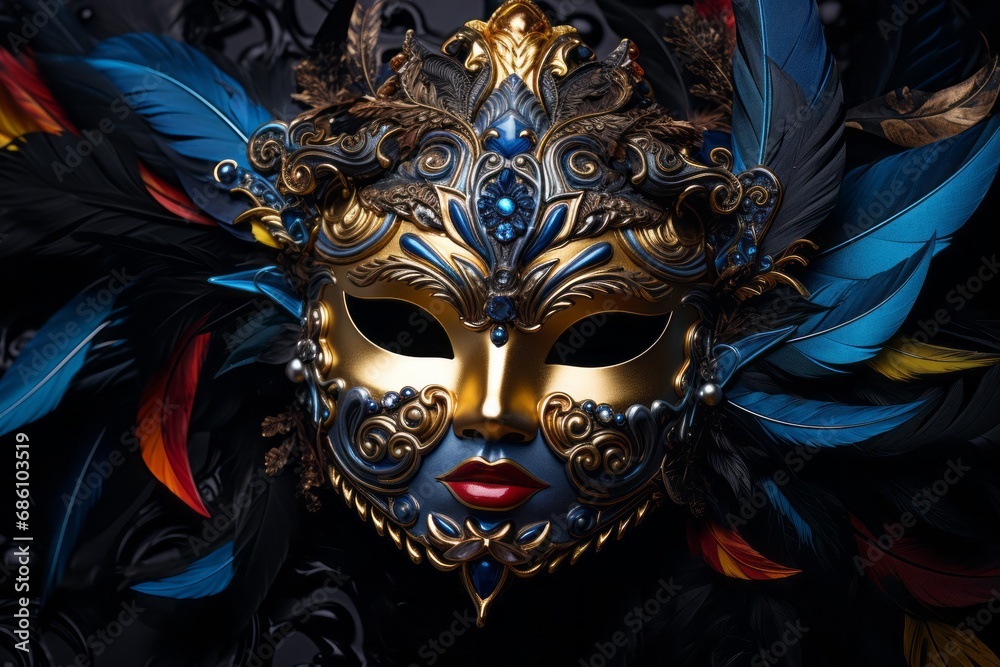 An elaborate carnival mask adorned with glitter and vibrant feathers, set against a dark, mysterious background, highlighting the intricate details and sparkle