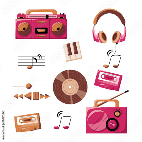 Vector set of musical elements drawn in flat style. Vintage musical illustration in trendy colors