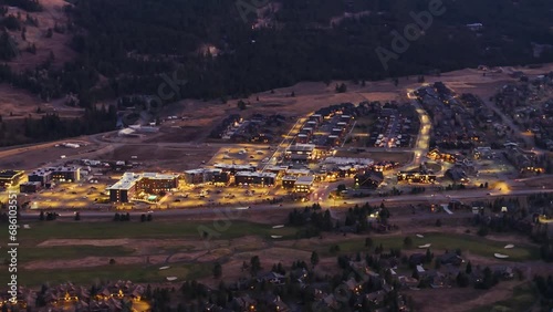 Drone aerial view of a busy resort area in Big Sky, Montana photo