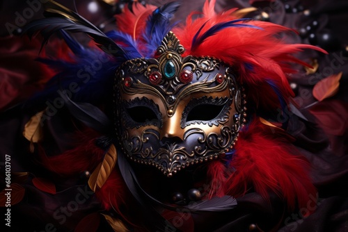 An elaborate carnival mask adorned with glitter and vibrant feathers, set against a dark, mysterious background, highlighting the intricate details and sparkle