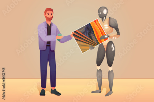 Sale of AI generated artwork and design, copyright vector illustration. Cartoon robot artist selling painting drawn using automatic artificial intelligence, man with money buying digital content