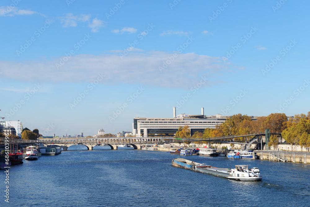 Simone de Beauvoir footbridge and Bercy bridge in the 12th arrondissemnt of Paris city