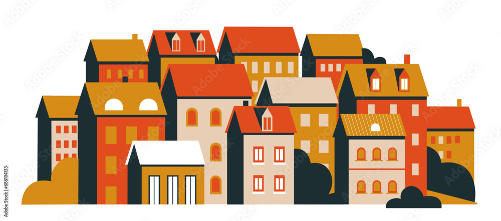 Sunset in city vector illustration. Cartoon evening dark panorama cityscape with urban skyline, town architecture buildings on street, townhouses exterior in minimal geometric flat style isolated