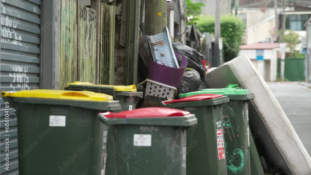 Wheelie bins, household rubbish an a used old mattress sit on a residential backstreet in innerwest Sydney, Australia Wheelie bins, household rubbish an a used old mattress sit on a residential backstreet in innerwest Sydney, Australia