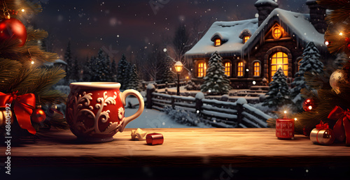 Hot mug and gingerbread Christmas style, wallpaper