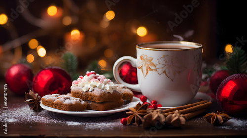Hot mug and gingerbread, Christmas atmosphere