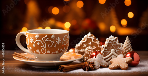 Hot mug and gingerbread, Christmas atmosphere