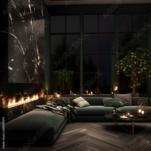 Interior living room minimalism green, Beautiful Christmas aesthetic, dark color palette