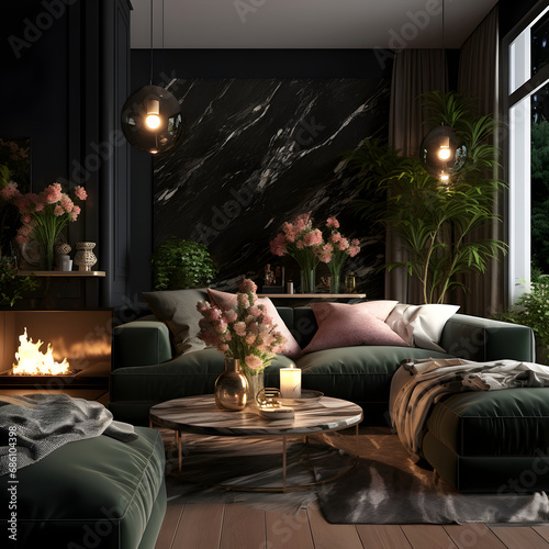 Interior living room minimalism green, Beautiful Christmas aesthetic, dark color palette