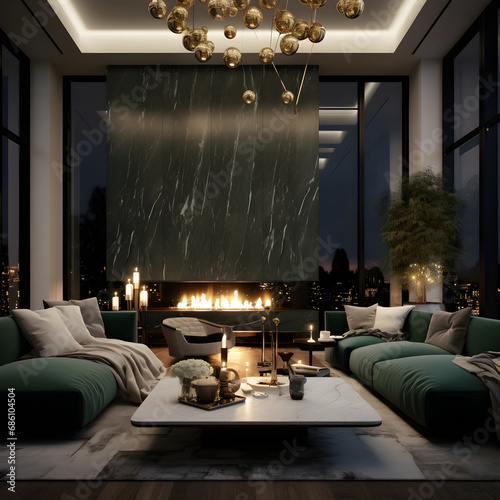 Interior living room minimalism green, Beautiful Christmas aesthetic, dark color palette