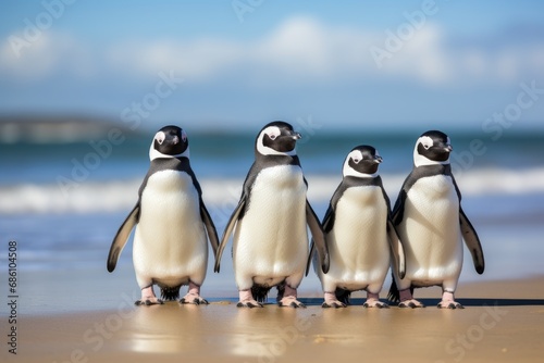 Photo of a group of penguins waddling on the beach. Generative AI