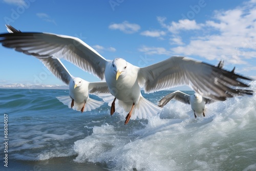 Photo of a group of seagulls in dynamic flight. Generative AI