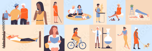 Daily healthy life of people, geometric mosaic pattern vector illustration. Cartoon creative color frames with young and old characters read and play game, study and do hobby or sports, shopping