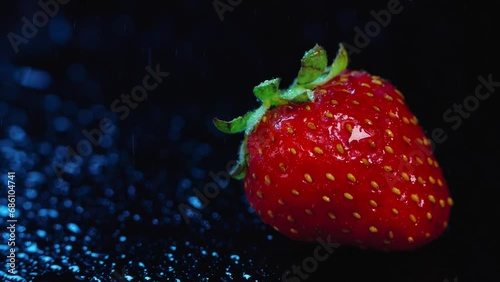 Extreme close up  of one fresh ripe strawberry rotating  on a black plate on a blue background with drops of water falling slow notion 200 fps