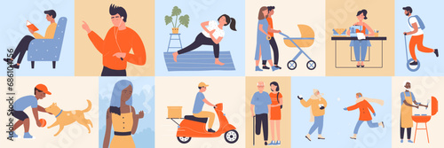Lifestyle scenes with young or old people, geometric mosaic color pattern vector illustration. Cartoon characters walk with dog, family or friends, listen to music and read, yoga workout at home