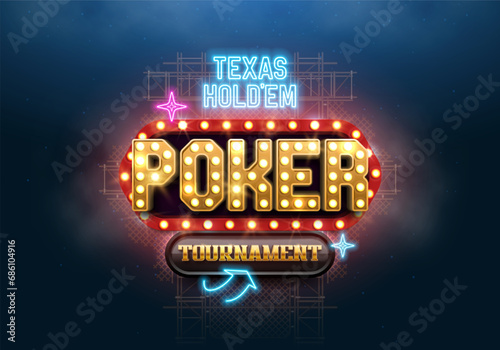 Poker tournament retro neon billboard. Shining casino banner with neon lights. Vector illustration.