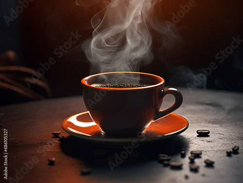 cup of coffee on a wooden table with grains on a brown background banner Generative AI