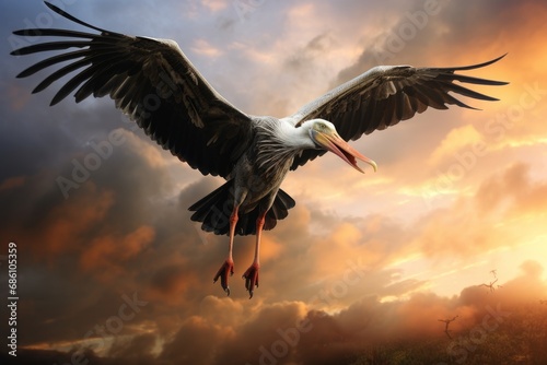 Photo of a stork in flight against a picturesque sky. Generative AI photo